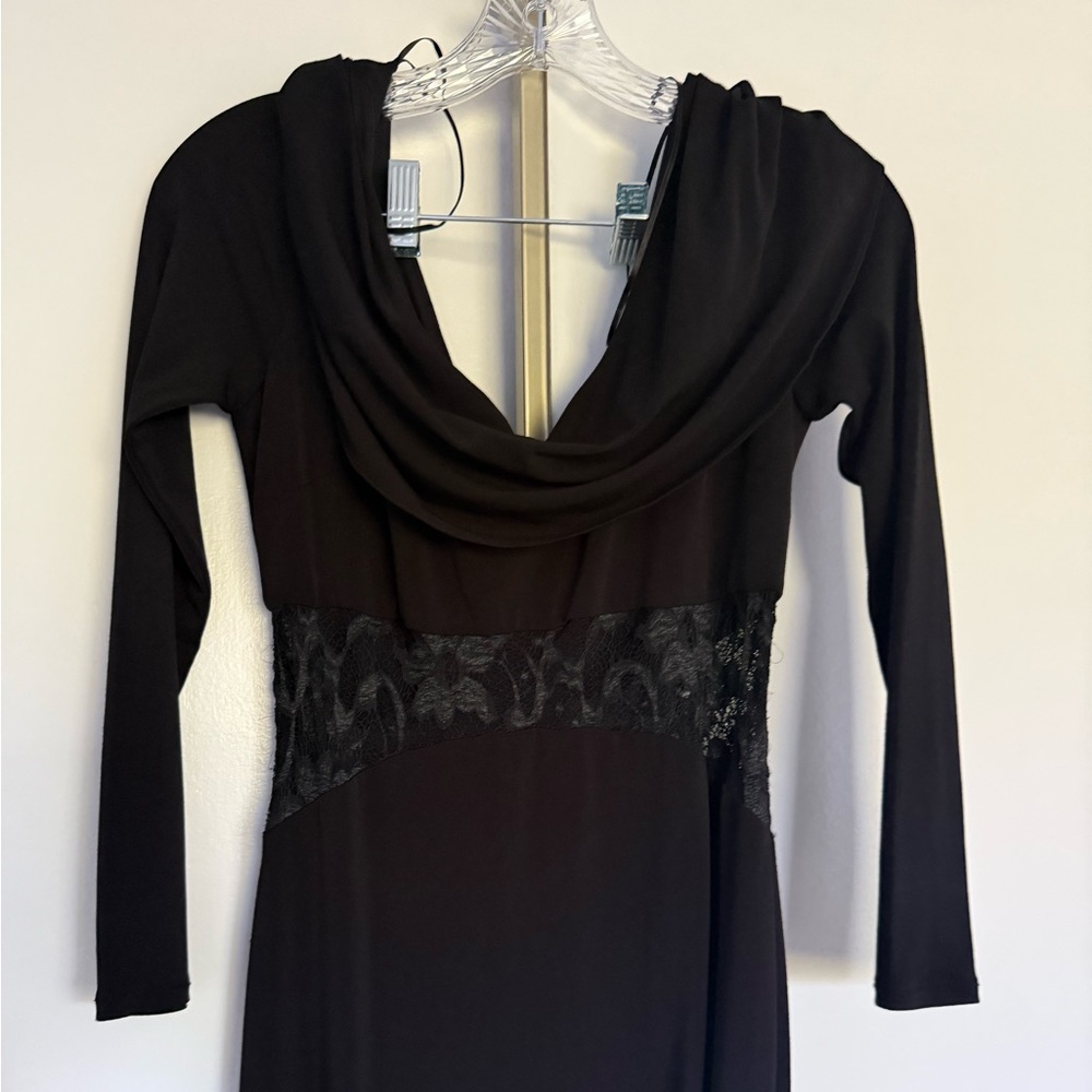 Badgley Mischka Black Drape Front long Gown with see through Lace